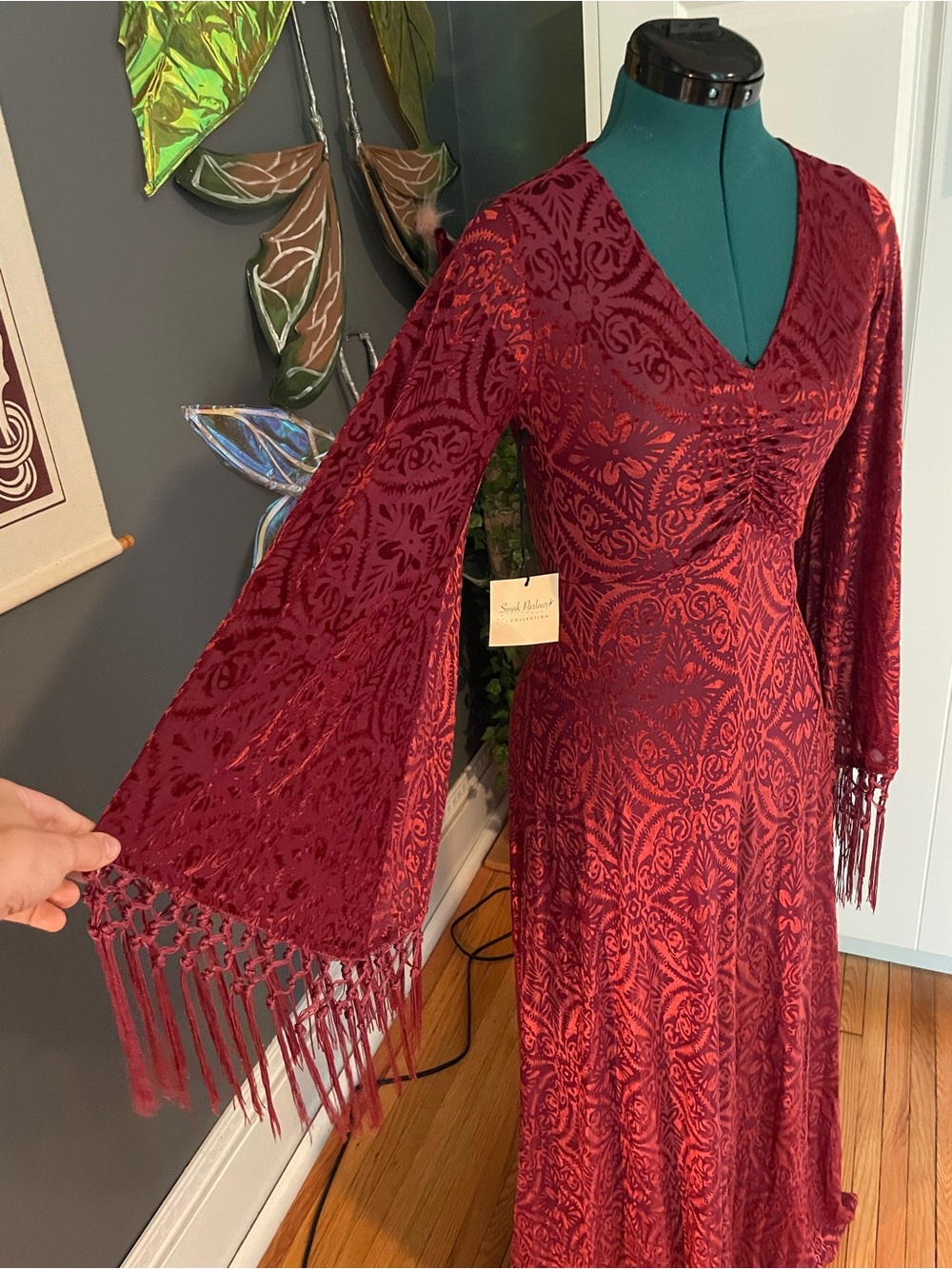 Smak Parlour 1970s Burgundy Velvet Burnout Fringe Sleeve Stevie Maxi Dress XS
